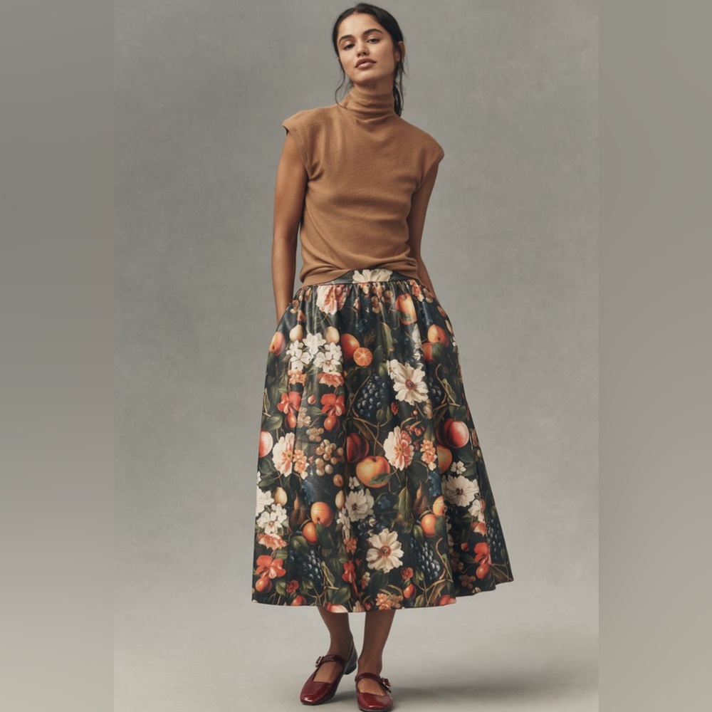 NWT! Anthropologie Multi Floral Jacie Faux Leather Midi Skirt by Maeve 👝 - Picture 2 of 9
